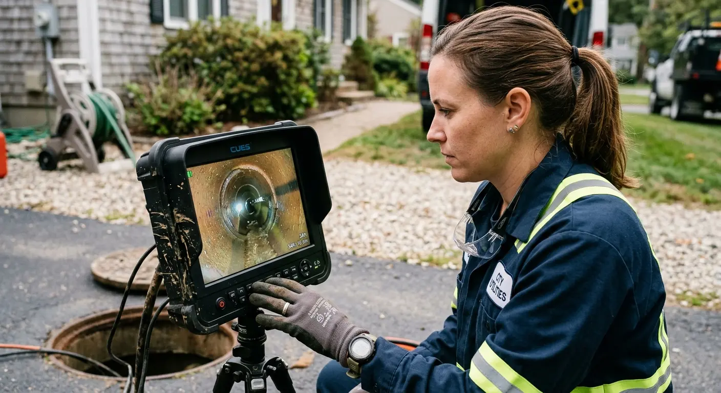 Technician reviewing sewer camera inspection footage in Monona