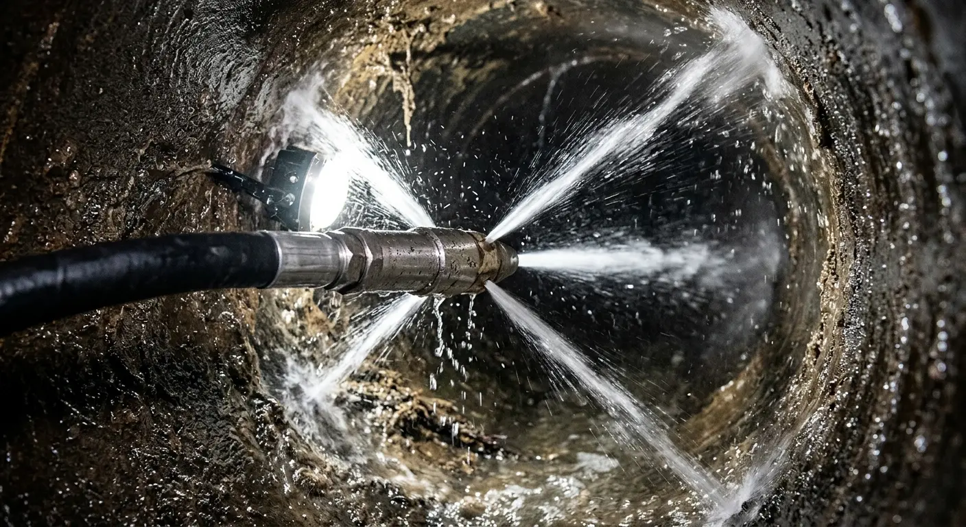 High-pressure hydro jetting nozzle cleaning sewer pipe for Emergency Drain Service in Monona