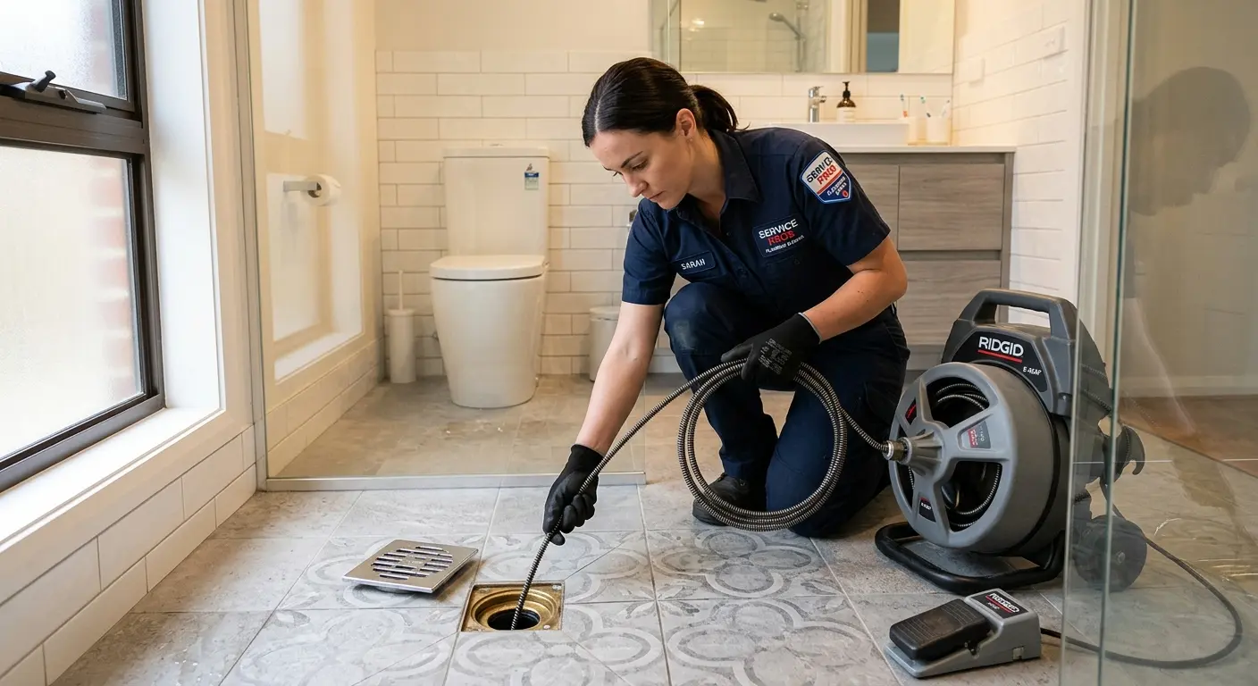 Technician clearing a bathroom floor drain for Drain Repair in Monona
